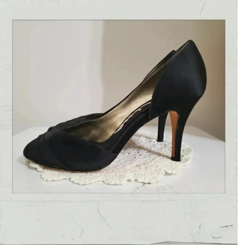 Nina | Black Gold Satin Leather Peep Toe High Heels